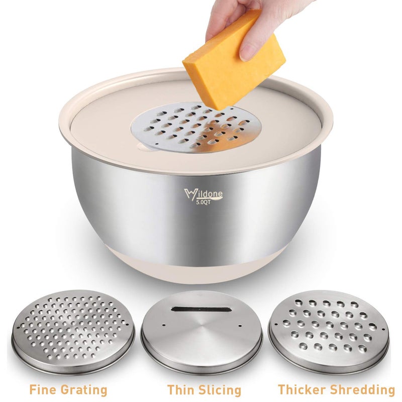Wildone Mixing Bowls with Airtight Lids Set, 5PCS Stainless Steel Khaki Nesting Bowls for Kitchen, with Grater Attachments & Non-Slip Bottoms, Size 5, 3, 2, 1.5, 0.63 QT, Great for Mixing & Serving - Image 3